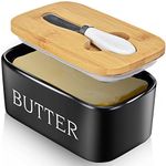 Large Butter Dish with knife Holds Up to 2 Sticks Ceramics Butter Keeper Container with Bamboo Lid and Stainless Steel Double-layer Silicone Sealing Butter Dishes with Covers Good Kitchen Gift Black