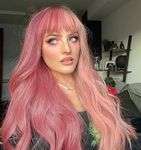 LANOVA Half Dark Pink Half Baby Pink Wigs with Bangs, 2 Tone Long Wavy Wigs, Pink Hair Wigs for Halloween 24 inch LANOVA-179