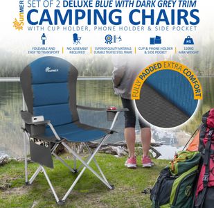 SUNMER Padded Folding Camping Chairs, Set of 2 – Cup Holder, Side Pockets, Dark Blue