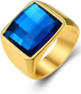 GoldChic Jewelry Men's Square Gemstone Singet Rings, Personalized Stainless Steel Pinky Ring with Black Onxy Blue Topaz Birthstone Statement Ring, 10, Stainless Steel, Created Sapphire