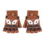 Convertible Flip Top Gloves,Winter Wool Knitted Fingerless Gloves with Mitten Cover for Toddler Kids Girls Boys 5-10 Yrs, Red Brown Fox Style