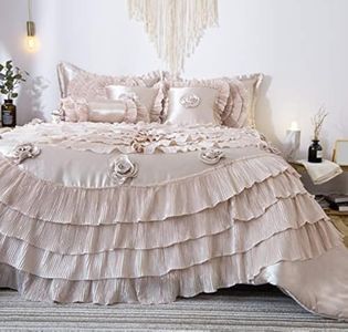 Tache Satin Ruffle Floral Elegant Champagne Beige Frosted Fields Victorian Royal 6pc Comforter Bedding Set, California King