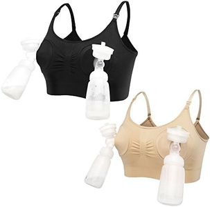 LOVELYBOBO 2 Pieces Hands-Free Pumping Bra, Nursing Bra, Wireless, Adjustable Zipper Breastfeeding Bra for Holding Breast Pumps.M-XL,(Black+Nude), Black+nude, M