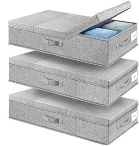 Supowin Underbed Storage Containers 3 Pack, Large Under Bed Storage Bins with Lids, Foldable Sturdy Under the Bed Storage Drawer for Organizing Clothes, Shoes, Blankets, Pillows-Grey