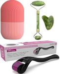 LIMESHOT Facial Massager Jade Roller & Gua Sha Tool Natural Himalayan Stone + Hair Growth Rollar 0.5Mm With 540 Titanium Alloy Needles + Ice Face Roller Silicone Facial Cube Set Of 3