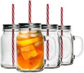 Rink Drink Glass Drinking Jars Set with Lid and Reusable Straw - Mason Style Jam Jar Glasses with Handle for Milkshakes, Cocktails and Juice - 620ml - Pack of 4