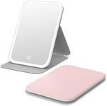 Kintion Travel Makeup Mirror, Portable LED Lighted Makeup Mirror, 360° Rotation Touch Screen Vanity Mirror, 60 LEDs, 3-Color Dimmable Lighting, Rechargeable Tabletop Folding Cosmetic Mirror, Pink