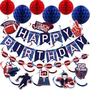 YEOCU Football Birthday Decorations Blue - NO DIY, Pre-Strung Happy Birthday Banner with Honeycomb Balls, Hanging Swirls, Garland - Football Sports Theme Party Decorations for Women Men Boys Girls