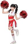 LOLANTA Girls Cheerleader Costume Cheerleading Children Dress Outfit Uniform with PomPoms(Red, 10-11 years, Tag Size 150)