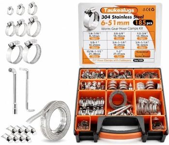 304 Stainless Steel Hose Clamps Assortment Kit with 185PCS 6-51mm Worm Gear Clamp and 9.8 FT Cut-To-Fit Metal Strap and 8 Strong Fasteners Set for Automotive, Plumbing, Duct Pipe and DIY Repair