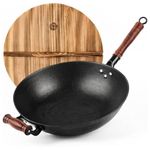 WANGYUANJI Cast Iron Wok Pan 14.2" Large Wok Stir Fry Pan Flat Bottom Wok with Lid and Wood Handle,Suitable for All Cooktops, Uncoated Craft Wok Healthy Cooking Wok-Practical Gift