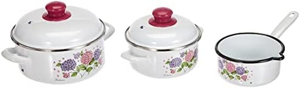 GSW Hortensie Set di pentole Ortensia, 5 Pezzi, Acciaio smaltato, plastica, Bianco