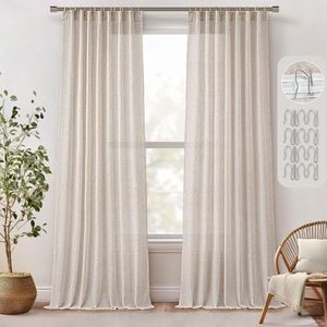 MIULEE Natural Linen Curtains 96 Inches Long 2 Panels for Bedroom Living Room, Back Tab & Pleat Tape Soft Thick Linen Textured Window Drapes Semi Sheer Light Filtering Neutral Farmhouse Cream Ivory
