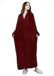 Womens Fleece Robe Soft Plush Long Zip-Front Sleepwear Full Length Bathrobe with Pockets for Ladies (Wine Red, Medium)