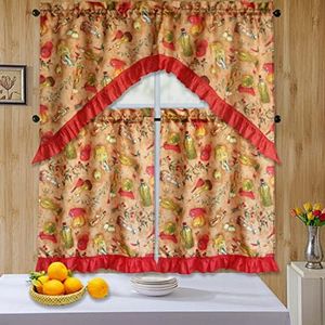 Kashi Home 3 Piece Kitchen Curtain Swag Set, Two Tiers & Ruffled Swag Decorative Window Treatment, Rod Pocket Vegetables & Oil Printed Design Serafina