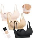 HOFISH Nursing Bras for Breastfeeding Seamless Maternity V-Neck Bra for Women Wireless Pregnancy Sleeping Bralette, Beige Black Pink, Large