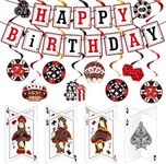 17 Pieces Casino Birthday Party Decorations Set Includes Poker Happy Birthday Banner, 12 Glittering Swirls Spirals and 4 Cardstock Centerpieces Table Topper for Casino Las Vegas Birthday Party Supply