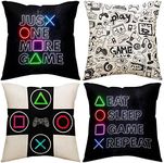 Just One More Game Square Throw Pillow Case Computer Games Doodles Cushion Cover for Game Boys Bedroom Playroom 18"x 18", 4 Pack