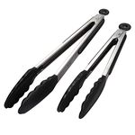 iNeibo Kitchen Premium Silicone Tongs - Pack of 2, 9"and 12" - Non-slip & Easy Grip Stainless Steel Handle - Smart Locking Clip - Heat Resistant, Food Grade - Handy Utensil For Cooking, Serving, Barbecue, Buffet, Salad, Ice, Oven (Black)