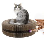 Pawaboo Cat Scratcher Lounge Bed, Multifunctional Collapsible High-Density Corrugated Cardboard Scratching Toy Pad Lounge Round Bed with Built-in Round Bell Balls for Cat Kitty Kitten, Beige