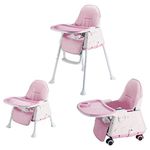 SYGA High Chair for Baby Kids,Safety Toddler Feeding Booster Seat Dining Table Chair with Wheel and Cushion(Pink)