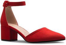 Olivia K Women's Classic Pumps Close Toe Ankle Strap Kitten Heel - Adorable Low Block Heel, Red Suede, 6.5