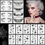 Kiiwah 18PCS Halloween Prank Make Up Temporary Face Tattoo, Halloween Horror Mouth Face Tattoo Sticker, Spider Tattoos Temporary, Halloween Scar Eyeliner Face Tattoos for Adults Kids