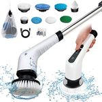 Electric Spin Scrubber, Cordless Bath Tub Power Scrubber with 8 Replaceable Drill Brush Heads, Shower Cleaning Brush with Adjustable Handle for Bathroom, Tile Floor & Car, White