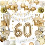 60th Birthday Decorations, Gold 60th Birthday Decorations for Men Women Gold White Balloons HAPPY BIRTHDAY Banner Number 60 Balloons Crown Star Heart Balloons HAPPY 60th BIRTHDAY Cake Topper