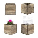 CYS EXCEL Cube Planter Box with Removable Plastic Liner (4"x4"x4")(4 PCS) | Multiple Size Choices Wood Square Planter | Indoor Decorative Window Box