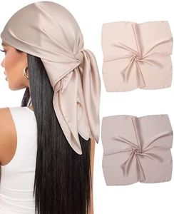AWAYTR 27.5” Satin Head Scarf for Women Like Silk Scarf Hair Bandanas Women 2Pcs Satin Neck Scarf Headscarf Hair Wrap (Gray khaki + Beige)