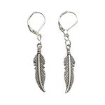 Feather Lever Back Earrings, Boho Dangly Antique Silver Feather Jewelry, Vintage Earrings