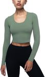 ENERBLOOM Womens Long Sleeve Shirts Workout Crop Tops Yoga Tee Built in Bra Mild Support Cream Feeling Athletic Top U-Neck Bean Green Medium