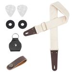 Lvkjafaz Adjustable Guitar Strap Includes 2 Strap Locks & 2 Matching Picks & 1 Picks Holder & 1 leather Strap Button.Leather ends Guitar Shoulder Strap(1-Velvet White)