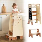 ROBUD Toddler Tower with Removable Step Stool, 2-in-1 Wooden Learning Tower for Kids with Blackboard, 3 Adjustable Height, Toddler Helper for Kitchen Bathroom Step Stool Kids 2-6 Year Old