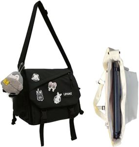 Aesthetic Crossbody Bag, 15.6 Inch laptop messenger bag for women, Cute Shoulder Bag with Cute Pins and Ornament Black