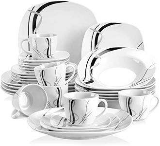 VEWEET, Series Fiona, 30-Piece Ceramic Dinnerware Set with Black and Gray Stripes, Ivory White Porcelain Square Set, including Dessert Plates, Soup Plates, Dinner Plates, Cups & Saucers, Service for 6