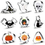 Halloween Cookie Cutter Set 9-Piece Cookie Cutters Shapes with Witch Hat, Ghost, Skull, Bat, Cauldron, Cat, Pumpkin, Spider Web, Candy Corn Shaped Fondant Biscuit Mold Clay Cutter - Stainless Steel