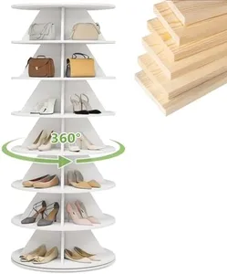 HOPUBUY Wood Rotating Shoe Rack Tower, Shoe Rack 7-Tier Free Standing 360°Shoe Organizer Rotating Display Stand, Lazy Susan Spinning Shoe Rack for Entryway, Closet, White