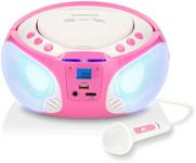 Lenco SCD-650 Portable Kids Stereo Boombox with FM Radio, CD, MP3, USB Playback, Disco Party Lights and Karaoke Wired Microphone - Pink