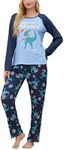 VENTELAN Womens Christmas Pajama Set Long Sleeve Pajamas Top and Pants Crew Neck 2 Piece Pjs Lounge Set Soft Sleepwear,Blue Dinosaur,XL