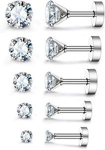 JewelrieShop Cartilage Tragus Earring Stainless Steel Stud Piercing Earring Flat Back Earrings Stud Flatback Screw Back Earrings for Women Girl Men (16G, 6mm Bar Length, 3mm-7mm CZ, 5 Pairs)