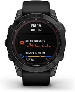 Garmin 010-02540-34 fenix 7 Sapphire Solar, adventure smartwatch, Solar Charging Capabilities, rugged outdoor GPS watch, touchscreen, health and wellness features, Black DLC Titanium with Black Band