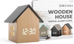 Driini Digital House-Shaped Alarm Clock with Temperature Display (Light Wood) – Modern Aesthetic - Cute Cube Frame and White LED Dimmer - Perfect Small Desk Clock for Bedside Table or Bedroom Mantle