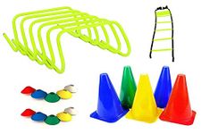 New Combo of Agility Ladder 4 m with 10 Rungs; 6 Marker Cones (6-inch), Multicolour Saucer Cones Set of 20 and Agility Hurdles 6 inch 6 pcs