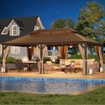 YOLENY 14'x24' Hardtop Gazebo,Galvanized Steel Double Roof Gazebos with Aluminum Frame, Permanent Metal Pavilion with Netting and Curtains for Patio Backyard Deck and Lawns