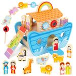 Wooden Noahs Ark Toy Animal Playset, Baptism Gifts for 2 3 4 Years Old Boys Girl, Lacing Beads, Shape Sorter, Montessori Noah's Ark Toys with Bible Story Book for 24 Months Kids