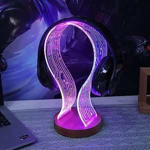 YuanDian Headphone Stand, Wood Headset Holder with Blue Pink LED Night Light for Gamers, Men, and Music Lovers - Desk Gift Idea