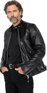 Schott NYC Men's Cafe Racer Leather Biker Long Sleeve Jacket, Black, M