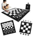 SWOOC Games - 3-in-1 Giant Chess, Checkers, & Chess Tac Toe Game with Mat (4ft x 4ft) - Machine-Washable Canvas & 5" Big Foam Discs - Giant Chess Set Outdoor & Checkers Board Game for Adults & Kids